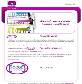 Een voorbeeld van een kadobon-online per e-mail. Klik voor een vergroting.
